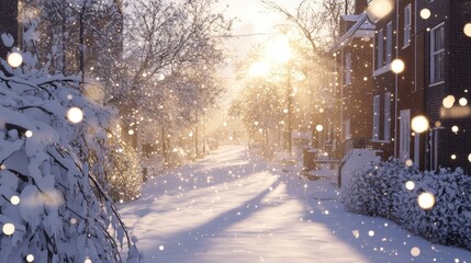 Wall Mural - A quiet street covered in snow, with soft natural light filtering through the falling snowflakes
