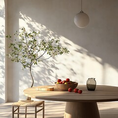 Canvas Print - A serene dining space featuring a wooden table, fruit bowl, and a flowering tree.