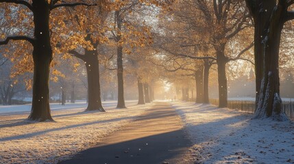 Wall Mural - Snow gently falling on a quiet park, with soft light filtering through the trees
