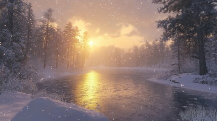 Wall Mural - A frozen lake surrounded by snow-covered trees, softly lit by the setting sun