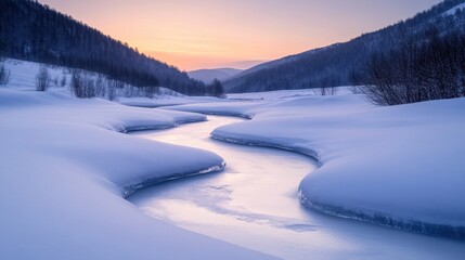 Wall Mural - A snow-covered valley with a frozen river winding through, softly lit by natural light