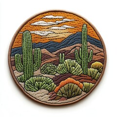 cacti against a sunset embroidered patch badge on isolated white background, vector badge and patch 