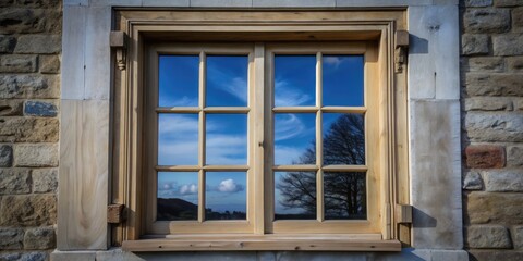 Poster - A window reflecting a clear blue sky and clouds.