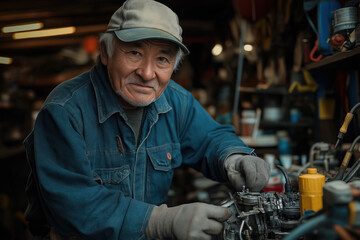 portrait of an elderly man in a workshop, smiling as he works with tools, showcasing his craftsmanship and repair skills with experienced hands.