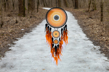 Wall Mural - Handmade dream catcher with feathers threads and beads rope hanging