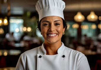 A skilled and confident female chef in a luxurious restaurant, smiling warmly in a crisp white uniform and chef's hat, representing expertise, creativity, and passion for fine dining.