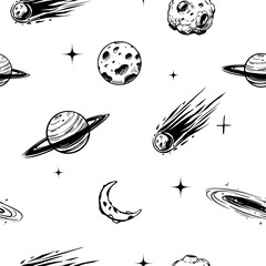 seamless pattern, space, planets, stars, asteroids, comets, galactic objects. vector sketch illustra