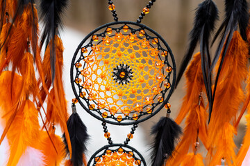 Wall Mural - Handmade dream catcher with feathers threads and beads rope hanging