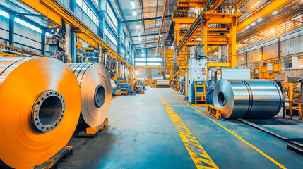 Large rolls of aluminum steel in a factory setting, showcasing industrial strength and precision