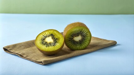 Canvas Print - Two ripe kiwis halved on a simple wooden surface.