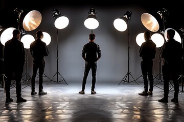 Man Posing in Studio with Photographers and Lighting Equipment