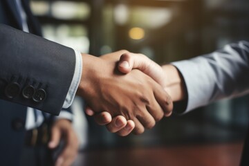 POV close up of businessman handshaking colleague