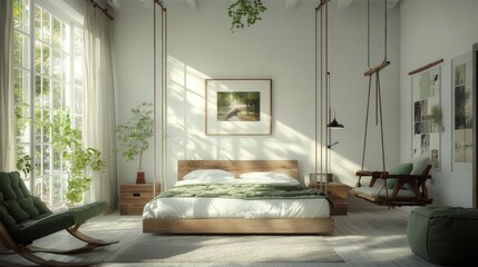 White walled bedroom with green armchair, wooden bed, and swing