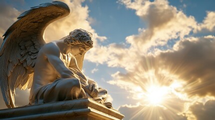 A statue of an angel is sitting on a pedestal with the sun shining on it