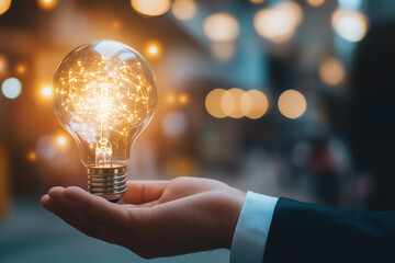 Businessman Holding Light Bulb with Sparkling Ideas