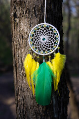 Wall Mural - Handmade dream catcher with feathers threads and beads rope hanging