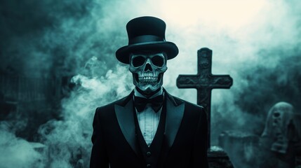 Portrait of a skeleton gentleman with hat. The decoration poster for Halloween.