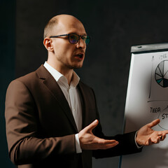 A businessman passionately presenting ideas using a flip chart during a meeting.