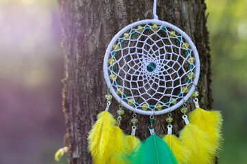 Wall Mural - Handmade dream catcher with feathers threads and beads rope hanging