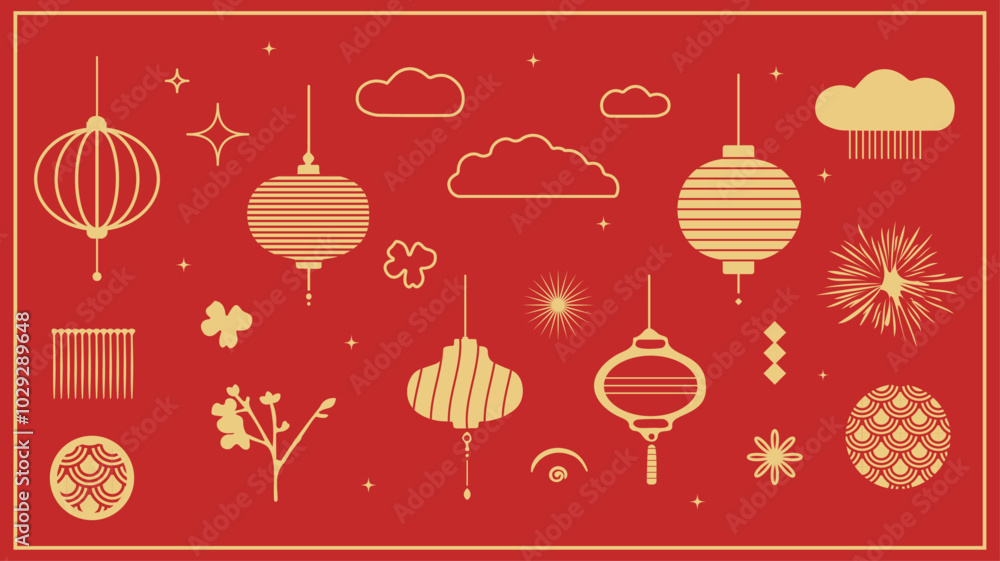 Chinese New Year elements, lanterns and clouds. Vector illustration ...