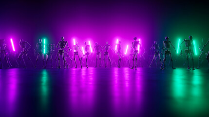 Colorful array of humanoid robots illuminated by vibrant neon lights in a futuristic setting, showcasing advanced technology and innovation.