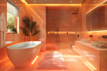 Wall Mural - A modern bathroom with sleek peach-colored walls, featuring a freestanding bathtub, a glass-enclosed shower, and double-sink vanity.