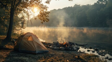 Canvas Print - A Campsite by a Misty Lake at Sunrise