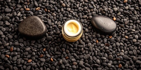 Wall Mural - Small cream container resting on dark stones with scattered seeds.