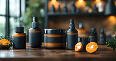 Winter skincare products concept of men, mock up set a product in orange, black and grey colors.