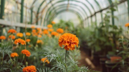 Wall Mural - Orange Marigold Flower in a Greenhouse