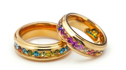 Two Gold Rings with Multicolored Gemstone Bands