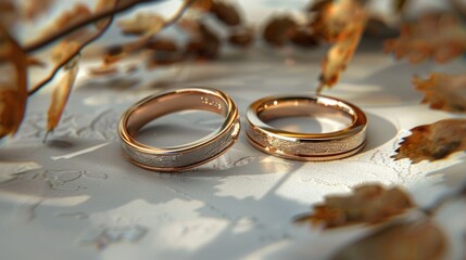 Two Gold Wedding Bands on a White Surface with Brown Twigs