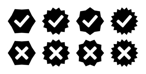 Aufkleber - Right wrong badge set in zig zag circle in black and white color vector illustration. Check mark icon button set. Check box icon with right and wrong buttons and yes or no checkmark icons.