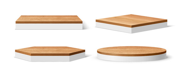 3d realistic white podium stage with wooden floor plates. Isolated vector geometric platforms or pedestals with polished wood top. Round, hexagonal and square exhibit stands for product presentation