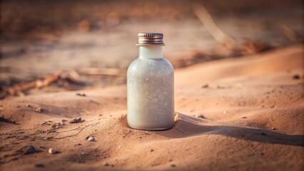 Canvas Print - Small frosted bottle standing on a sandy surface in sunlight.