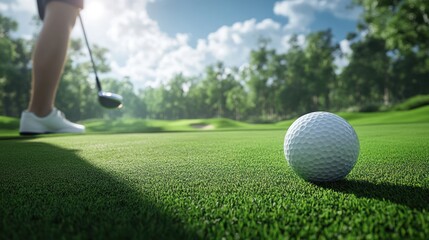 Sticker - Golf Ball on a Green Grassy Putting Green with a Blurred Golfer in the Background