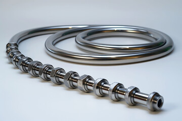 Stainless steel industrial coil and components on white background