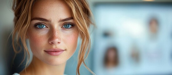 Sticker - Close-up portrait of a young woman with blonde hair and blue eyes.