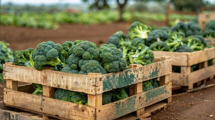 Canvas Print - Freshly Harvested Green Broccoli Heads in Wooden Crates