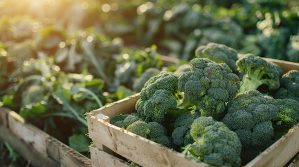 Sticker - Fresh Green Broccoli Heads in a Wooden Crate