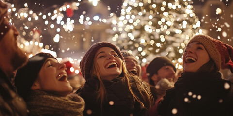 Group of friends having fun on Christmas market. Decorated and illuminated Christmas fair in European town. Snowy winter day.