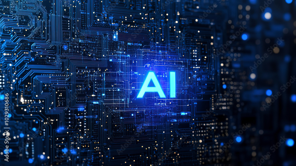 blue circuit board background with text "AI" and a glowing light effect ...
