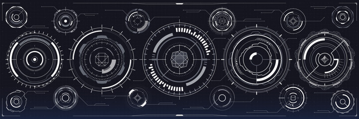 Digital HUD elements, futuristic technology cyber UI interface of Sci Fi and future tech game. Vector graphic futuristic control panel holograms, abstract round target or button, head display elements