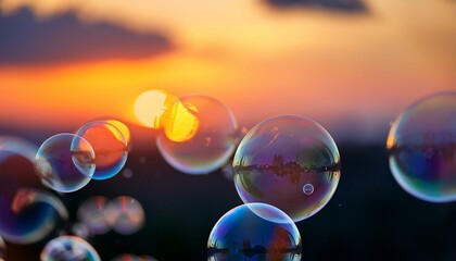 A dramatic sunset background with bubbles flying in the air; a fun image of bubbles in the air with an abstract blurred background; landscape photography