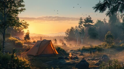 Wall Mural - a campsite in the misty forest at sunset
