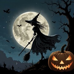 Whimsical Witch Riding Broom in Full Moonlight - Halloween Cartoon Illustration