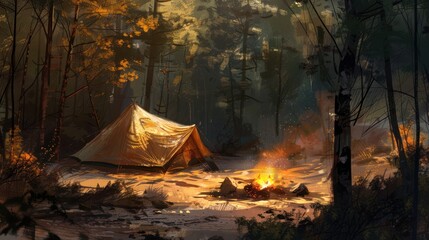 Canvas Print - A Campsite in the Twilight Forest with a Fire