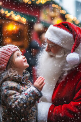 Cute little child talking to Santa Claus at traditional Christmas market on winter evening. Father Christmas in Christmas town decorated with lights.