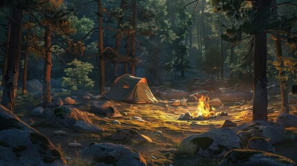 Canvas Print - A Campsite in a Sun-Dappled Forest with a Burning Fire