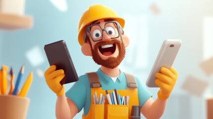 Animated character of a bearded builder enthusiastically holding two devices, showcasing energy, innovation, and adaptability through vibrant colors and dynamic expression.